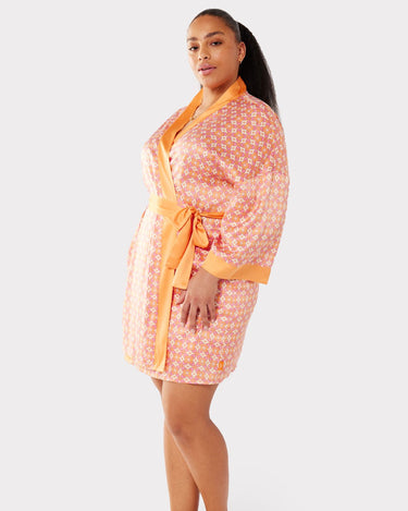 Curve Satin Orange & Pink Retro Tile Print Kimono Short Pyjama Set